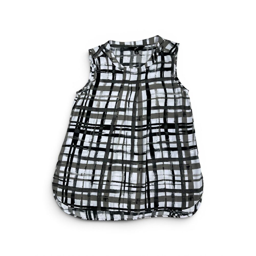 gnw Womens Small Sleeveless Blouse Black Gray Plaid Flowy Top